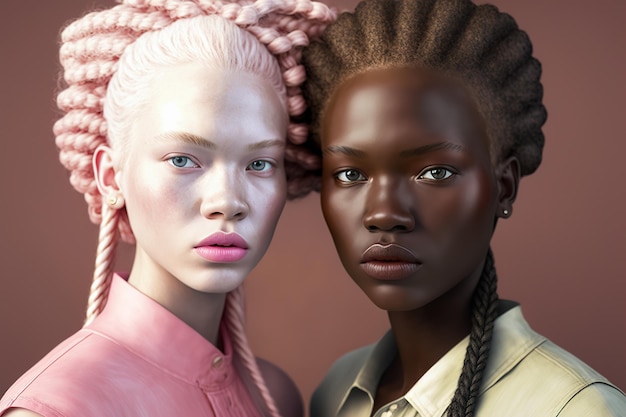 Portrait of two African American women with normal and albino skin tone Generative ai