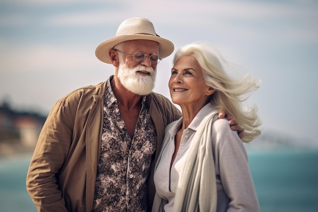 Portrait of two aged people grey haired man and womancouple on holidays