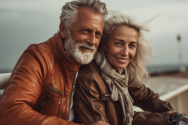 Portrait of two aged people grey haired man and womancouple on holidays