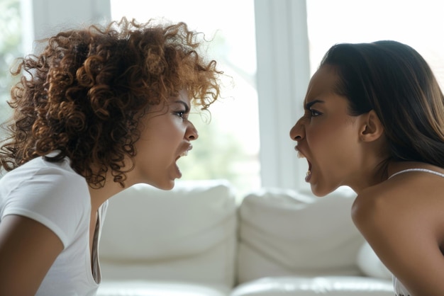 Portrait of two angry African American lesbian women arguing screaming