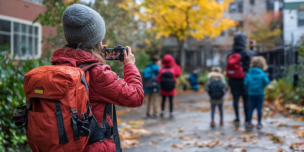 Portrait of Two Children Taking Pictures with a Camera and a Backpack