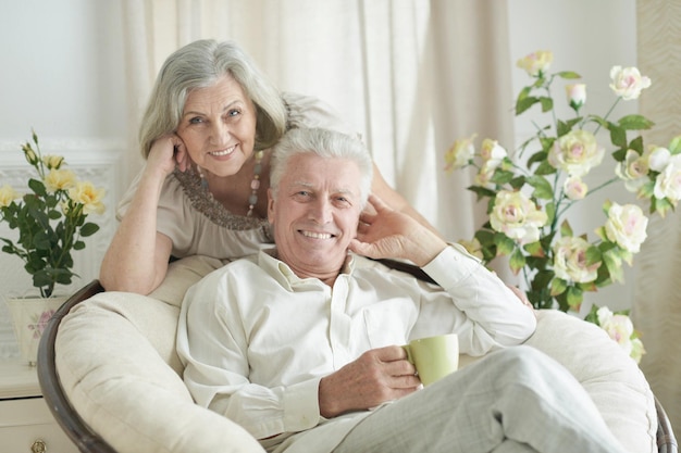 Portrait of two elderly people resting at home with tea