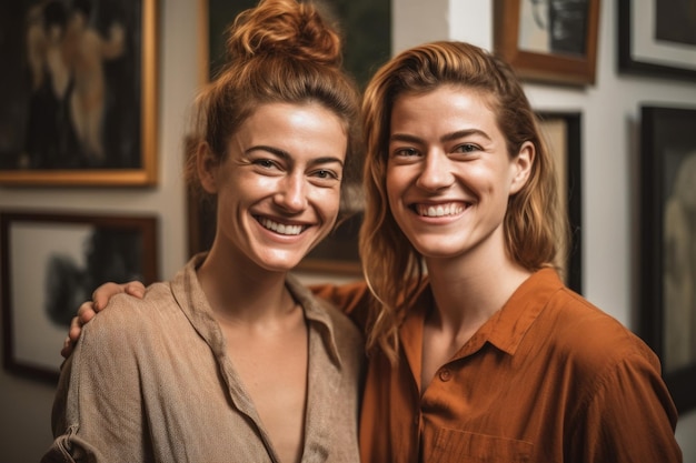 Portrait of two female art gallery workers smiling together