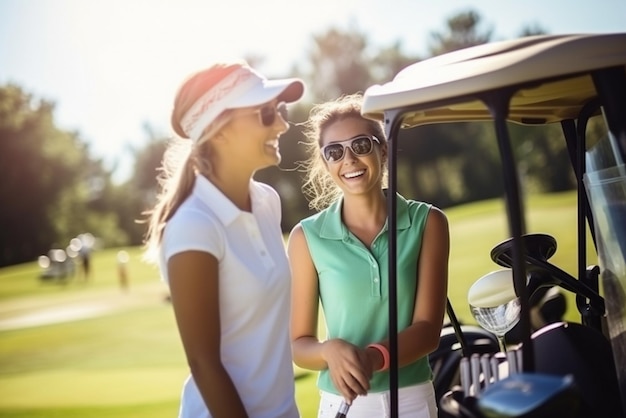 Photo portrait of a two female best friends standing with golf equipment on a playing course talking and having fun during a game on a sunny day