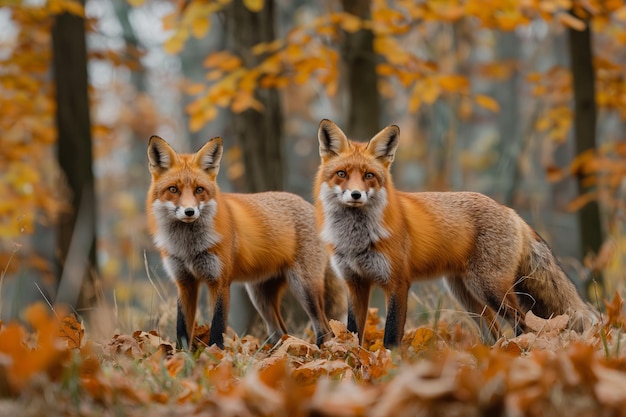 Photo portrait of two fluffy red foxes in a bright autumn forest yellow autumn leaves