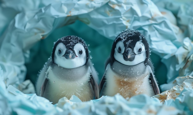 Portrait of two funny little penguins in the studio on a blue background with copy space