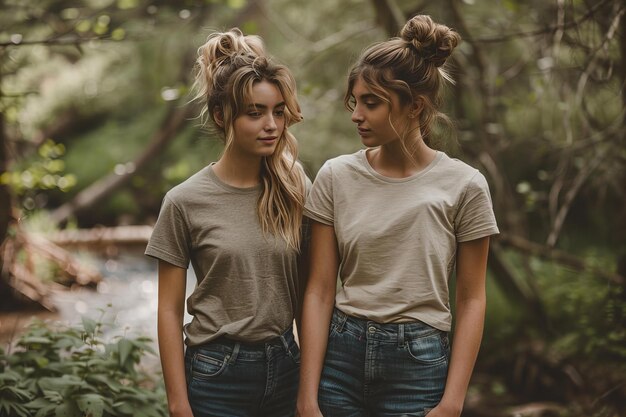 Photo portrait of two girlfriends lost in the woods wearing cotton tshirts and jeans pleasantly curious