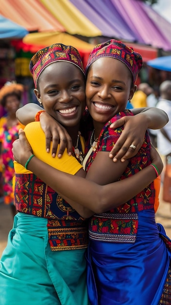 Portrait of two happy african sisters hugging