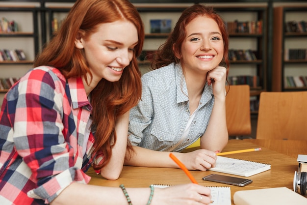 Portrait of a two happy teenage girls doing homework