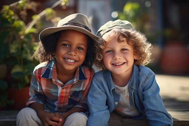 Portrait of two little boys friends smiling