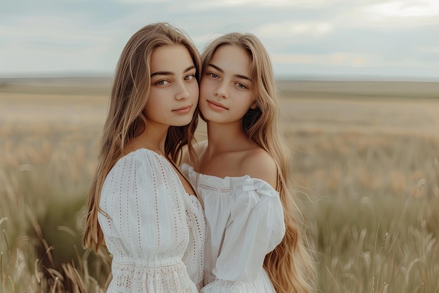 Photo portrait of two sisters in white dresses with long hair in a field