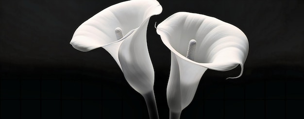 A portrait of two white calla lily flowers on a black background