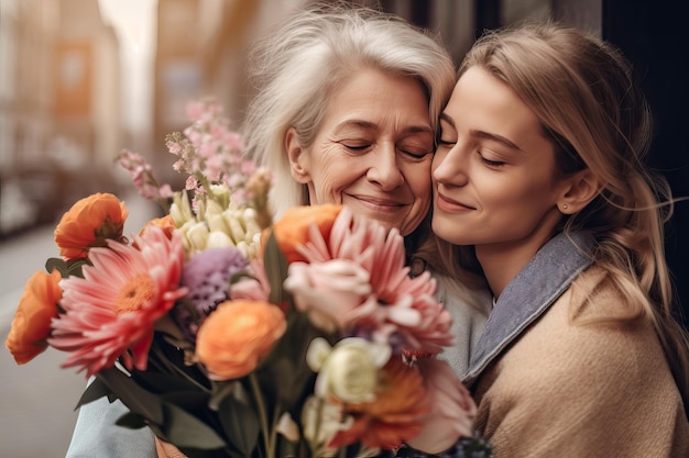 Portrait of two women embracing with flowers hugging each other Concept of love and friendship between mother and adult daughter