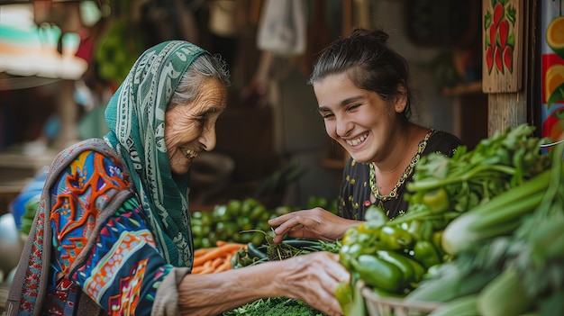 Portrait of two women in local market buying vegetables from bazaar