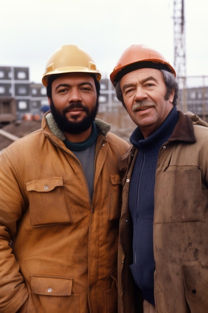 Portrait of two work colleagues on a building site created with generative ai