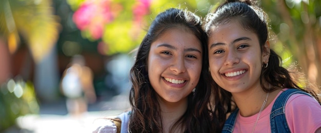 A portrait of two young Latin girls university students in Mexico beaming with pride