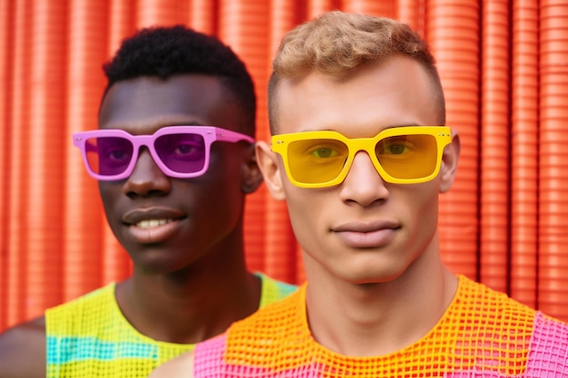 Portrait of two young men in yellow sunglasses on the background of orange wall