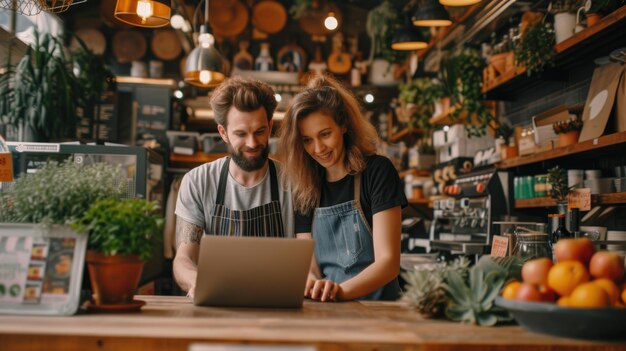 Portrait of two young shop owners using laptop while standing in counter with a empty space Generative AI