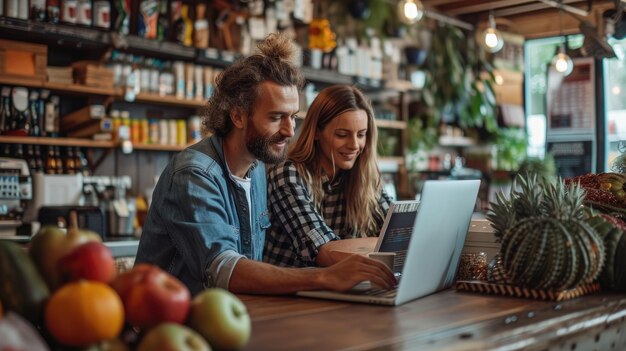 Portrait of two young shop owners using laptop while standing in counter with a empty space Generative AI