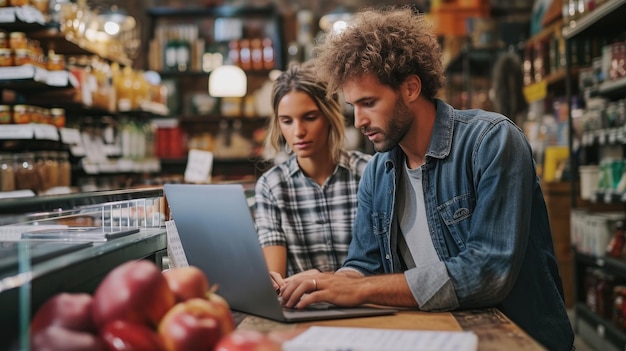 Portrait of two young shop owners using laptop while standing in counter with a empty space Generative AI