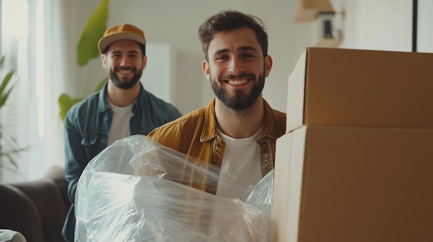 Portrait of Two Young Smiling Male Movers in Action Ready to Help with Your Moving Needs