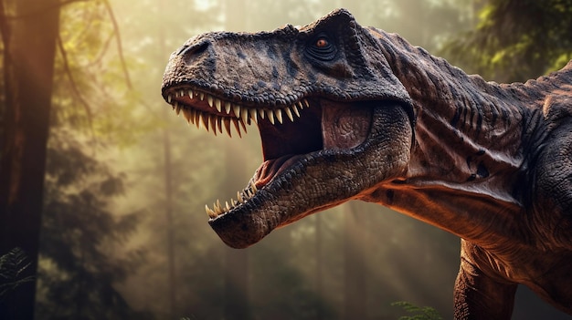 Portrait of Tyrannosaurusrex against ancient forest background with space for text AI generated