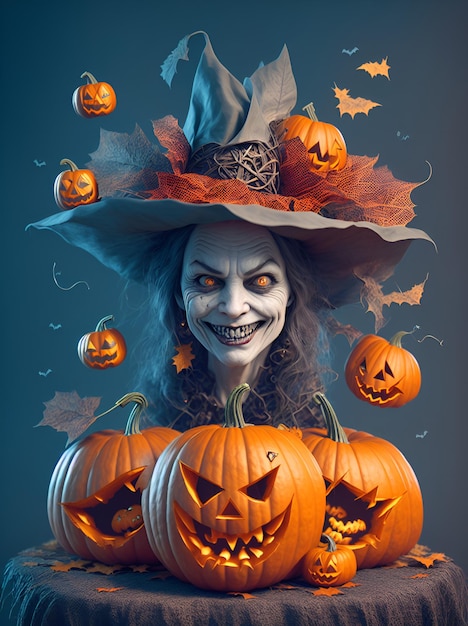 Portrait of an ugly Halloween witch with halloween pumpkins Generative Artificial Intelligence