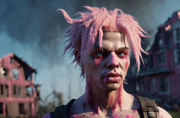 Portrait of ugly man with pink dreadlocks on background of ruined city in post apocalyptic time concept of apocalypse Generative AI