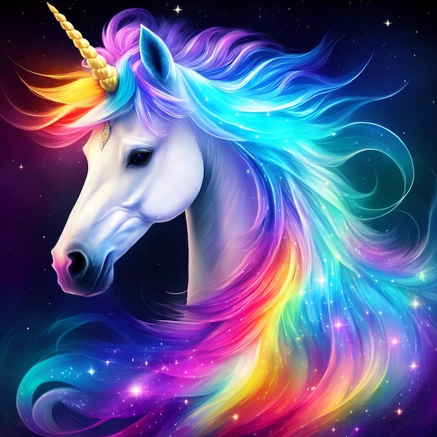 Portrait of an Unicorn isolated on stars background Generative Artificial Intelligence