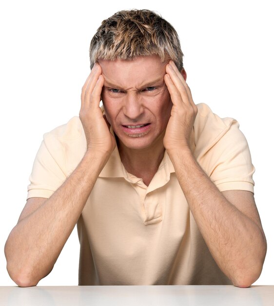 Portrait of upset middle aged man in thoughtful pose isolated on white