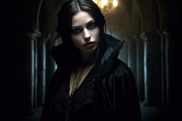 Portrait of Vampire Girl Hiding in Shadows against Backdrop of Gothic Architecture