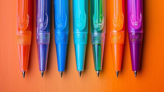 Portrait of variegated hue pens isolated on a flat color background