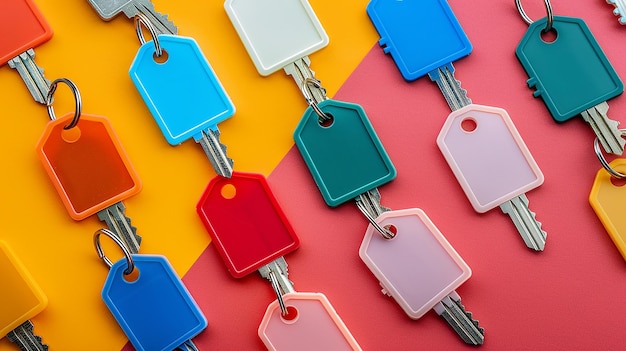 Photo portrait of variety of blank plastic key tags for customization