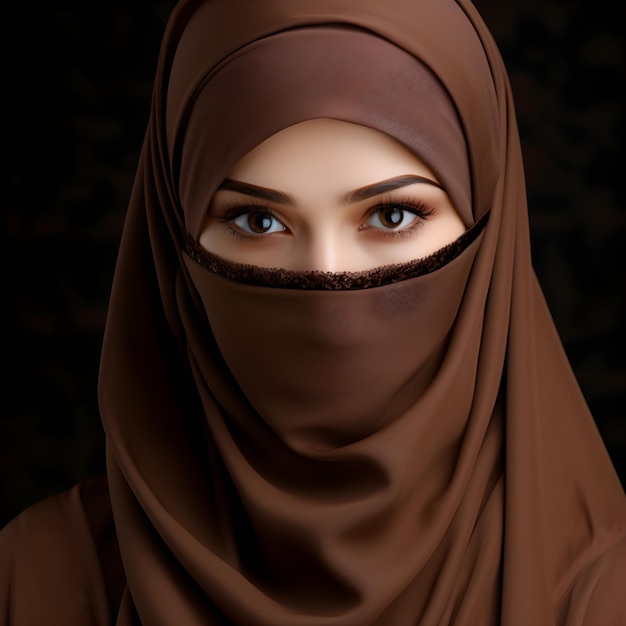 Portrait of a veiled woman wearing burqa isolated on brown background