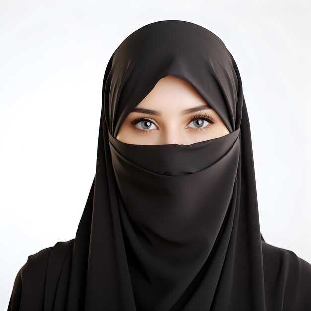 Portrait of a veiled woman wearing burqa isolated on white background