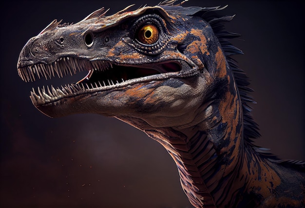 Portrait of a velociraptor dinosaur with dark background