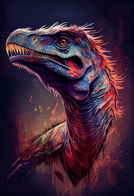 Portrait of a velociraptor dinosaur with dark background