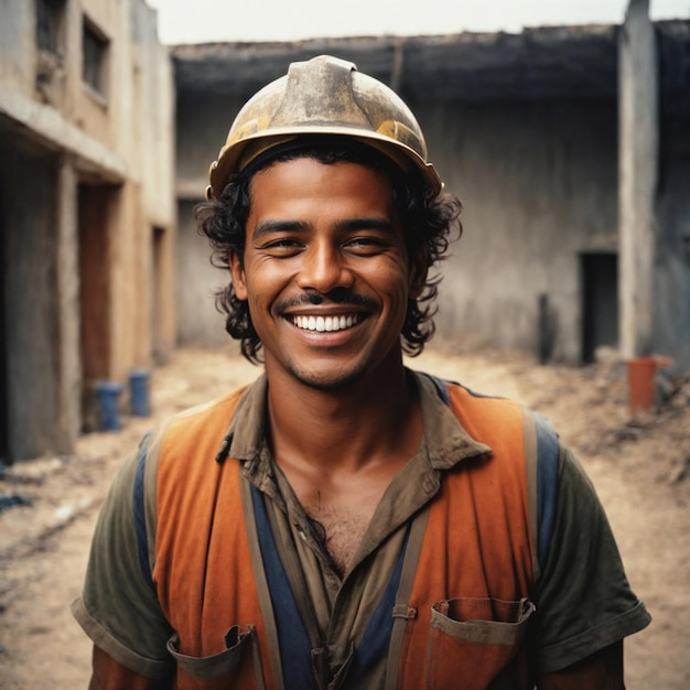 portrait of a very happy bricklayer in a construction site