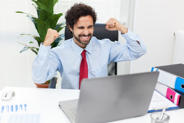 Portrait of a very happy businessman in front of his laptop