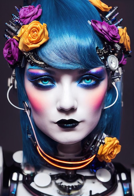 Portrait of a Victorian steampunk robot with beautiful makeup Artistic abstract steampunk fantasy