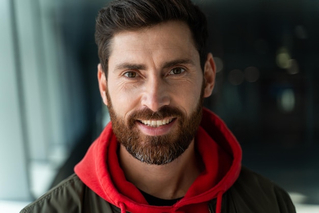 Portrait view of the caucasian unshaven man looking at the camera while standing at the airport. He feeling great before his voyage