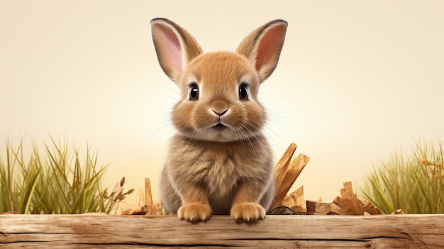 Portrait view of cute brown baby rabbit sitting on top fallen tree isolated on white background Realistic Easter Bunny