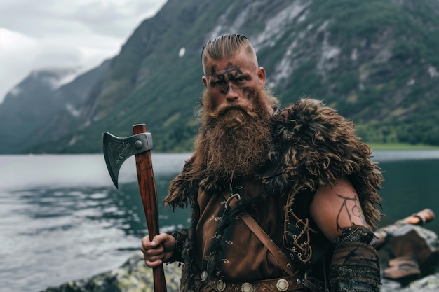 A Portrait Viking Warrior Axe Gleaming Stands Proud in the Nordic Fjord Symbolizing the Unyielding Spirit