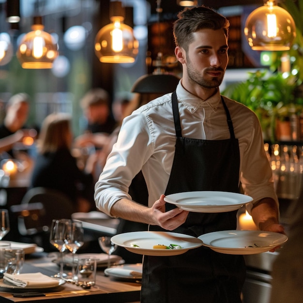 Photo portrait of waiter serving food