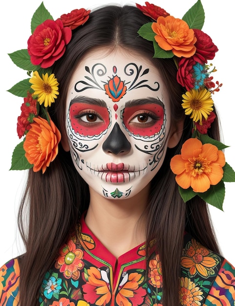 portrait wearing Day of the Dead mask with vibrant colors and flowers