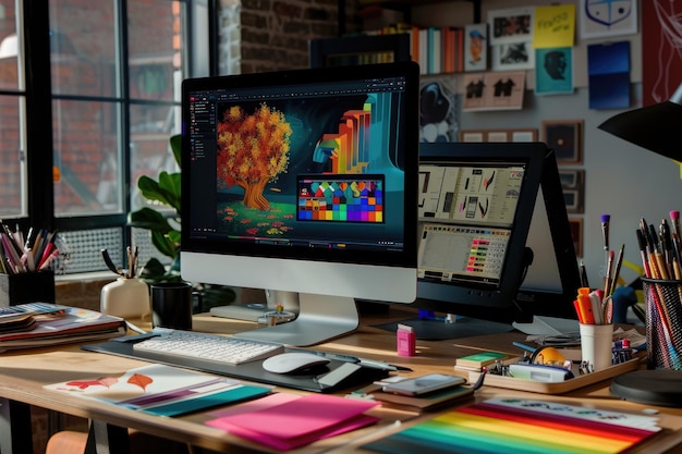 Photo portrait of a wellorganized creative workspace featuring a modern desk setup