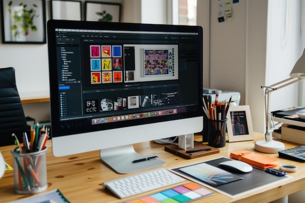 Photo portrait of a wellorganized creative workspace featuring a modern desk setup