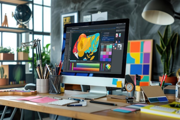 Photo portrait of a wellorganized creative workspace featuring a modern desktop computer