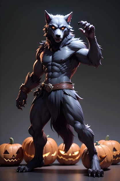 Portrait of a werewolf with a pumpkin Halloween