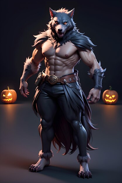 Portrait of a werewolf with a pumpkin Halloween